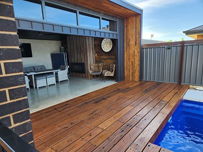 Sleeper decking and feature wall