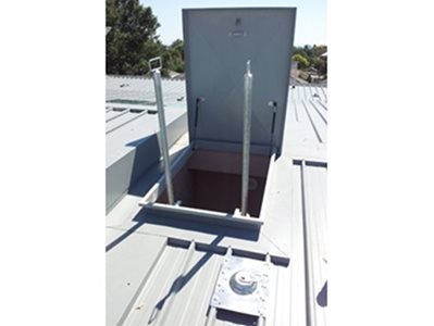 AM-BOSS Roof Access Hatch Showing Telescopic Stanchions and Anchor Point