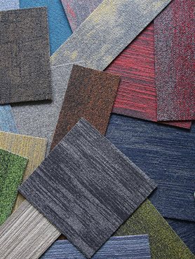Coloured product swatches of Above Left EcoSoft sustainable carpet tiles
