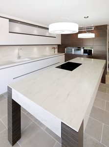 Art of Kitchens Corian island and benchtop with integrated sink and splashback