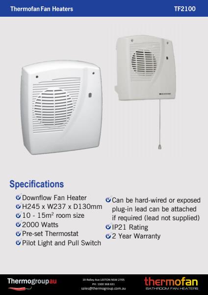 Thermofan 2100 specification sheet