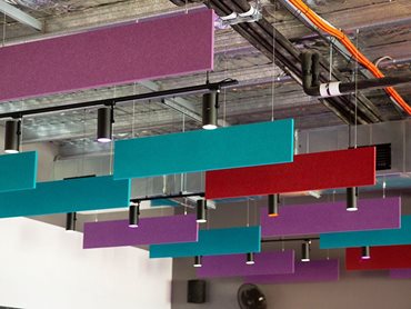The ceiling baffles were chosen in colours matching the Anytime Fitness brand: ‘Berry,’ ‘Peacock,’ and ‘Currant’ 