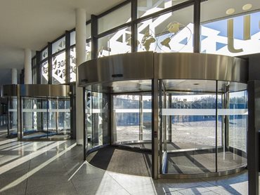 Pictured are the largest revolving doors in the Southern hemisphere, the 5-metre tall Boon Edam Tourniket doors at the Rialto centre in Melbourne.