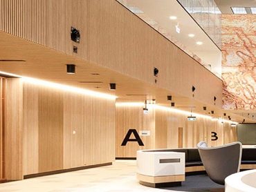 SUPASLAT slatted wall and ceiling panels meet BCA requirements for hospital atrium at Northern Beaches Hospital, NSW