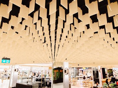 Network Architectural durlum Ceiling Paddles Light Timber Colour Commercial Shopping Mall Interior