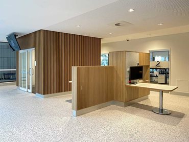 The SUPASLAT walls featured an alternating slat pattern in Tas Oak, Blackbutt and Spotted Gum SUPAFINISH concept veneer