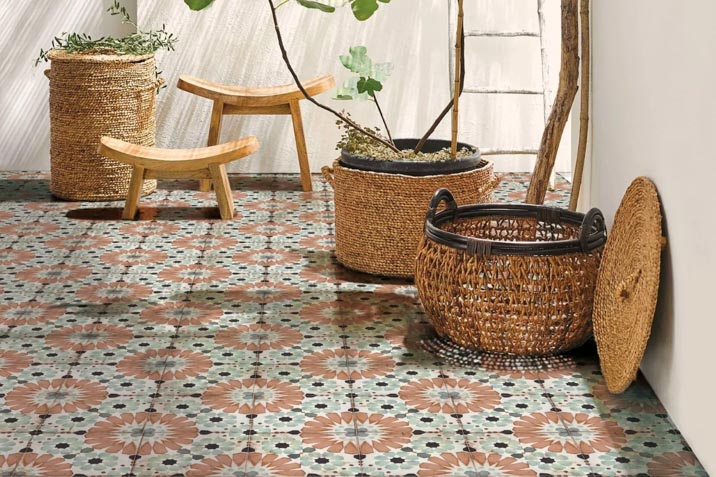patterned floor tile design geometric colourful orange art deco bathroom