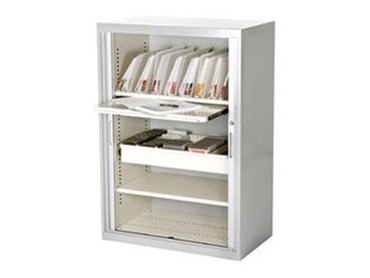 Tambour Door Cabinets for easily storing office supplies by Davell Products l jpg