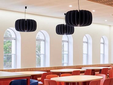 The vibrant display of acoustic pendants adds striking elegance to the student accommodation