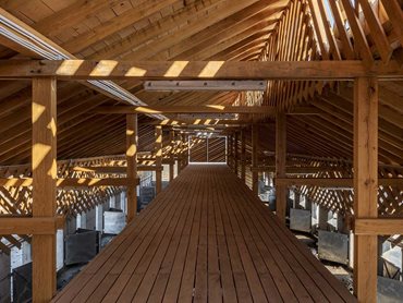 The eco farm has an elevated gallery area, which not only allows access to the stalls below but also serves as a warehouse space to store animal bedding and feed