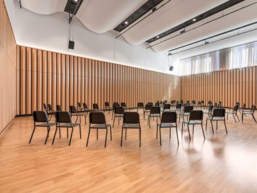 Orchestral room: A custom triangle modular panel in a Tas Oak natural timber veneer finish creates a striking vertical aesthetic 