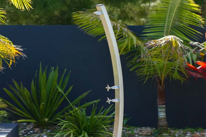 freestanding pool shower minimalist design easy metal leaning outdoors in backyard