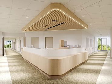 ALUMATE'S ALCL07550, a concealed clip-on linear ceiling system, was selected for the soffits and ceilings