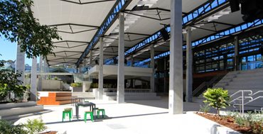 A separate canteen with a ‘treehouse’ seating platform forms the centre piece of the project. Photography by Brett Boardman