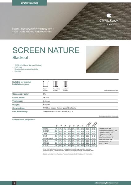 Horiso Climate Ready Fabrics Screen Nature Blackout Specification Sheet