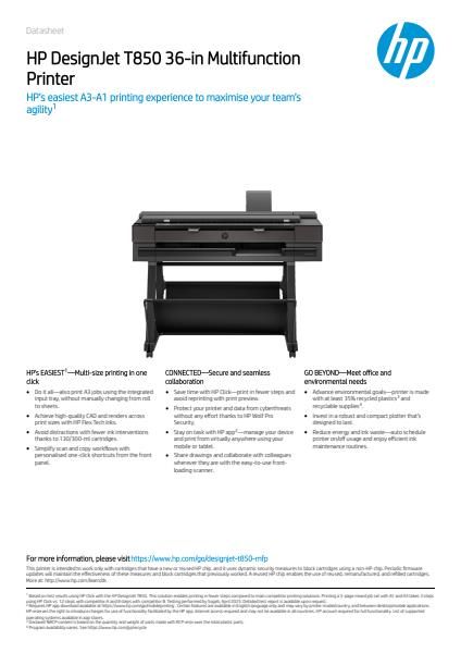 HP DesignJet T850 36 In Multifunction Plotter Data Sheet