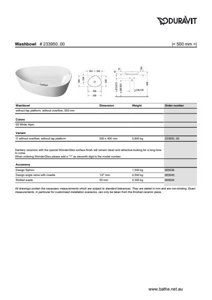 Duravit Cape Cod Washbowl Technical Information