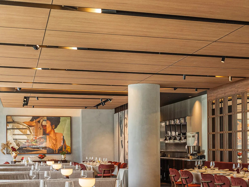 Panels of Tasmanian Oak Acoustic Timber were suspended from the ceiling 