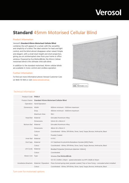 Verosol Standard Motorised 45mm Cellular Blind Specification