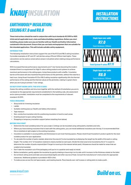 Knauf Insulation Earthwool R7 R8 Ceiling Batts Installation Instructions