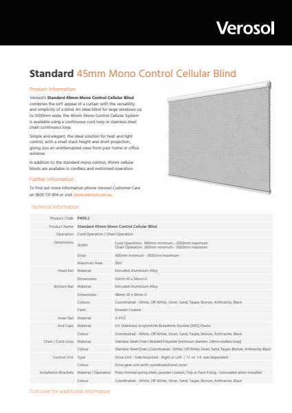 Verosol Standard Mono Control 45mm Cellular Blind Specification