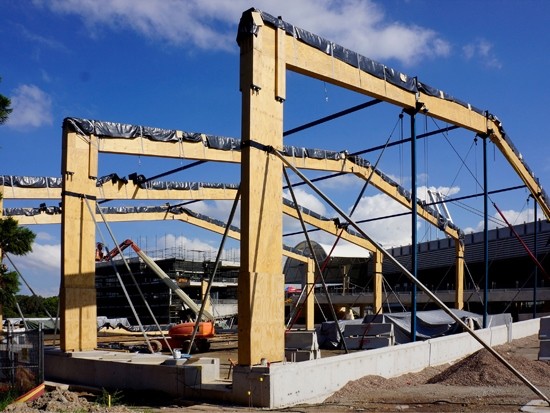 Netball Central in Homebush, NSW, is constructed using 21 LVL portal frames. Image: Scott Carver Architects
