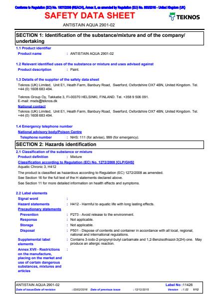 Antistain Aqua safety data sheet 2