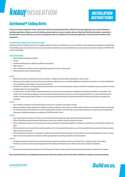 Knauf Insulation Earthwool Ceiling Batts Installation Instruction