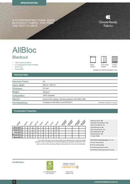 Horiso Climate Ready Fabrics AllBloc Specification Sheet