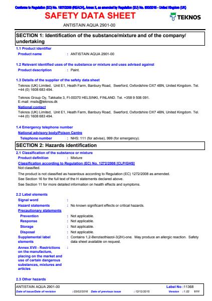 Antistain Aqua safety data sheet 1