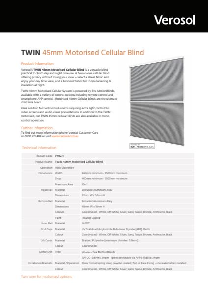 TWIN Motorised 45mm Cellular Blind Specification