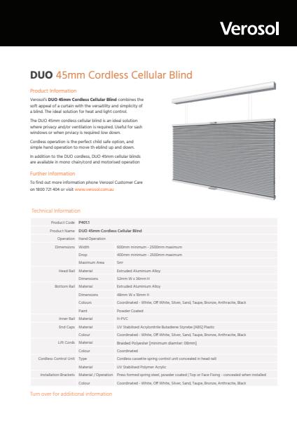 DUO Cordless 45mm Cellular Blind Specification