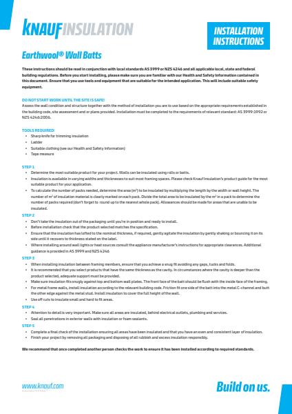 Knauf Insulation Earthwool Wall Batts Installation Instructions