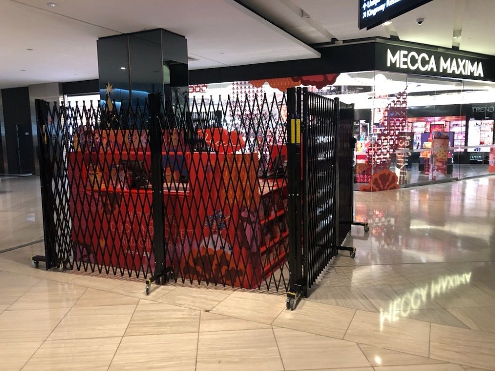 ATDC's mobile crowd control barriers at the Mecca Brands kiosk in Westfield Miranda