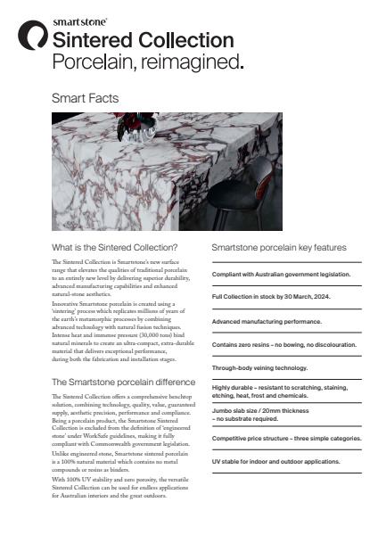 Smartstone Sintered Collection Porcelain Fact Sheet