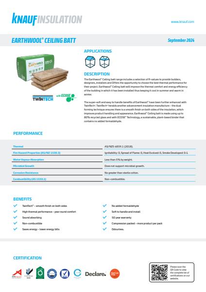 Knauf Insulation Earthwool Ceiling Batts Datasheet