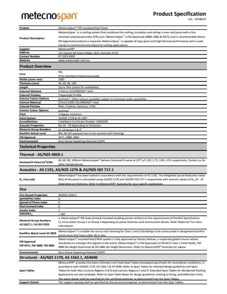 MetecnoSpan Spec Sheet