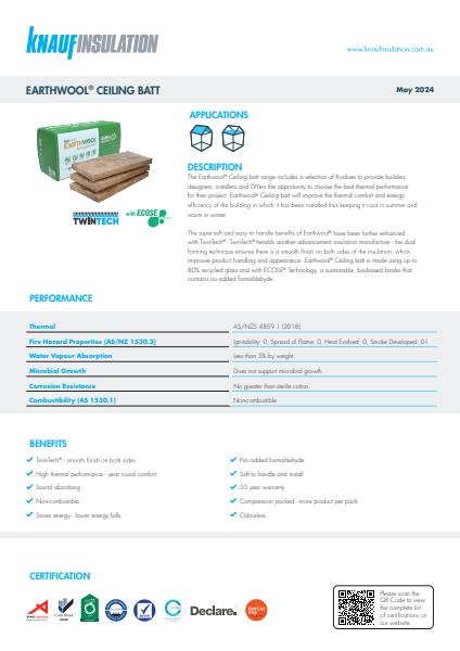 Earthwool Ceiling Batts Datasheet