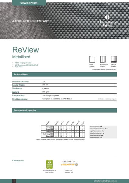 Horiso Climate Ready Fabrics ReView Metallised Specification Sheet