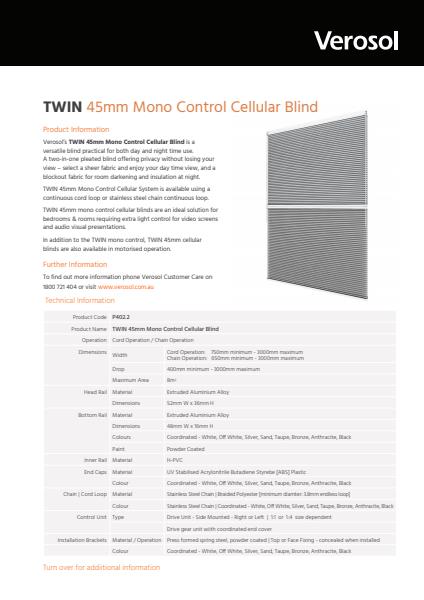 TWIN Mono Control 45mm Cellular Blind Specification