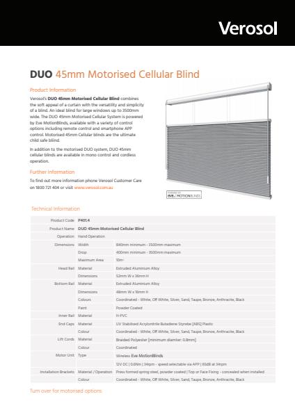 DUO Motorised 45mm Cellular Blind Specification