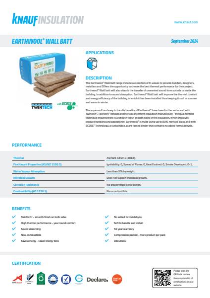 Knauf Insulation Earthwool Wall Batts Datasheet