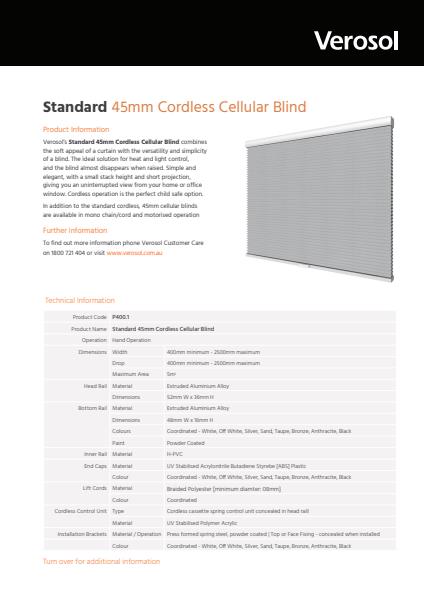 Standard Cordless 45mm Cellular Blind Specification