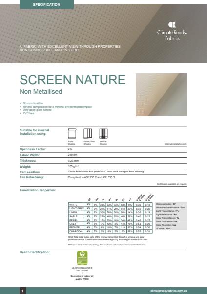 Horiso Climate Ready Fabrics Screen Nature Non-Metallised Specification Sheet