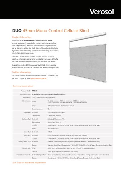 DUO Mono Control 45mm Cellular Blind Specification