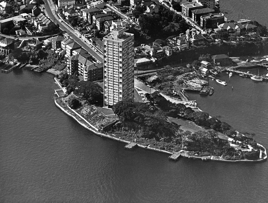 'Blues Point Tower' by Harry Seidler shortly after completion in 1962. Photograph by Australian Air Photos. Stanton Library