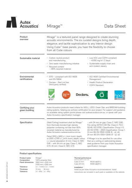 Autex Acoustics Mirage Data Sheet