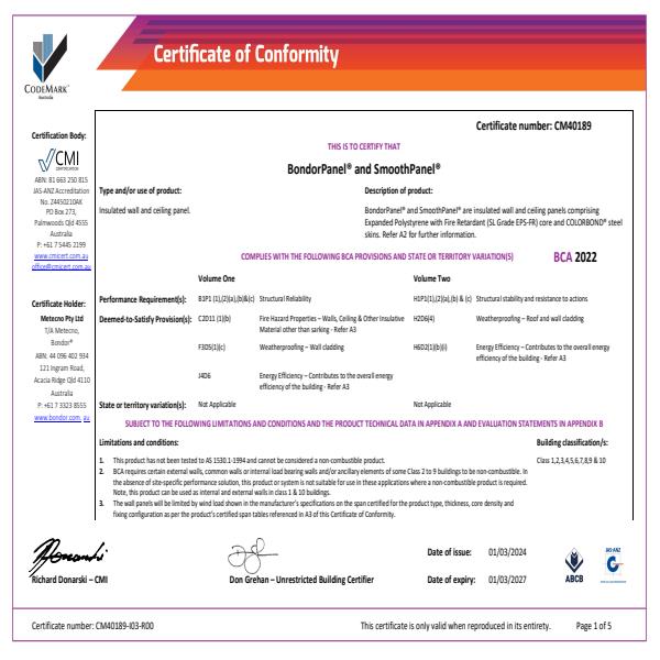 BondorPanel SmoothPanel CodeMark Certificate